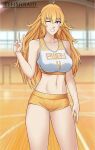  1girl absurdres ahoge alternate_costume artist_name bare_shoulders blonde_hair blurry blurry_background breasts buruma collarbone copyright_name grin gym gym_uniform hand_up highres indoors jersey large_breasts long_hair looking_at_viewer midriff navel number_print one_eye_closed purple_eyes rwby smile solo sports_bra stomach teeth tehshraid thighs v wavy_hair yang_xiao_long yellow_buruma 