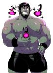  1boy bara beard black_shorts bulge chest_hair colored_skin cowboy_shot dungeons_and_dragons facial_hair garza_(kokukokuboo) green_skin grin hairy highres huge_pectorals kokukokuboo magic male_focus mature_male monster_boy muscular muscular_male navel navel_hair nipples orc original pointy_ears sanpaku scar short_hair shorts smile solo star_(symbol) stomach thick_eyebrows tusks umbrakinesis 