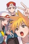  1girl 2boys absurdres arm_up bag blonde_hair blue_oak brown_eyes brown_hair closed_mouth commentary green_shirt grey_asa hat highres jacket jewelry leaf_(pokemon) multiple_boys necklace open_mouth pokemon pokemon_(game) pokemon_frlg pokemon_hgss red_(pokemon) red_headwear red_skirt shirt short_hair shoulder_bag signature skirt sleeveless sleeveless_shirt spiked_hair symbol-only_commentary teeth upper_teeth_only v vs_seeker white_background white_headwear wristband yellow_bag 