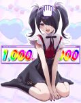  1girl :d absurdres akabino ame-chan_(needy_girl_overdose) between_legs black_hair black_nails black_ribbon black_skirt black_socks blush collar collared_shirt commentary_request copyright_name cursor full_body hair_ornament hair_over_one_eye hair_tie hairclip hand_between_legs headpat heart highres looking_at_viewer multicolored_nails neck_ribbon needy_girl_overdose open_mouth pink_background pixelated purple_eyes red_nails red_shirt ribbon shirt shirt_tucked_in sitting skirt smile socks solo star_(symbol) suspender_skirt suspenders twintails wariza white_collar window_(computing) x_hair_ornament 