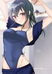  1girl armpits arms_up blue_leotard blue_shorts blurry blurry_background blush breasts collarbone commission covered_navel double-parted_bangs green_hair groin hamcheeseand highleg highleg_leotard highres idolmaster idolmaster_cinderella_girls leotard looking_at_viewer medium_breasts ohishi_izumi rubber_band shorts skeb_commission solo tying_hair 