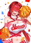  1girl alternate_costume blush breasts cheerleader confetti dan_koflove hair_over_eyes hand_up highres logo looking_at_viewer pom_pom_(cheerleading) shermie_(kof) smile the_king_of_fighters the_king_of_fighters_all-stars 