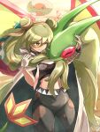  1girl bandaged_arm bandages cape crop_top double_bun dragon flygon gloves green_hair ground_miku_(project_voltage) hair_between_eyes hair_bun hatsune_miku highres itsudzumi long_hair midriff orange_eyes pants pokemon pokemon_(creature) project_voltage single_glove trapinch twintails very_long_hair vocaloid 