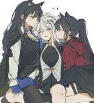  3girls animal_ears arknights black_gloves black_hair blue_gloves fingerless_gloves gloves grey_eyes hair_ornament hairclip hand_on_another&#039;s_arm hand_on_another&#039;s_back highres jewelry lappland_(arknights) lappland_(refined_horrormare)_(arknights) leggings long_hair looking_at_another multiple_girls necklace necktie open_mouth parted_lips ponytail sandwiched scar scar_across_eye seri_(vyrlw) short_shorts shorts smile texas_(arknights) texas_(willpower)_(arknights) texas_the_omertosa_(arknights) white_hair wolf_ears wolf_girl yellow_eyes yuri 
