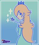  1girl artist_name blonde_hair blue_dress blue_eyes breasts crown dress earrings hair_over_one_eye half-closed_eyes jewelry long_hair long_sleeves looking_at_viewer looking_back mario_(series) off-shoulder_dress off_shoulder rosalina sideboob solo star_(symbol) star_earrings zytrux_1 