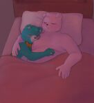  2023 abbytabbys achuchones_(unicorn_wars) anthro bear bedding belly big_belly blanket blush bow_tie duo embrace eyes_closed gordi_(unicorn_wars) hi_res hug male mammal overweight overweight_male pillow pink_body unicorn_wars 