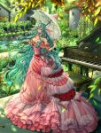  1girl aqua_hair bow bracelet breasts cleavage closed_mouth commentary commission dappled_sunlight dress dress_bow dress_flower english_commentary falling_leaves flower frilled_dress frills full_body garden glint gown grand_piano grass hair_ornament head_fins highres holding holding_pocket_watch holding_umbrella horn_ornament horns instrument jewelry lace-trimmed_dress lace_trim layered_dress leaf light_smile lips long_dress long_hair looking_at_viewer looking_to_the_side off-shoulder_dress off_shoulder orange_eyes original parasol piano pink_bow pink_dress pink_flower pink_nails plant pocket_watch pond purple_flower red_bow red_flower red_rose ring ringlets rose sammi_hisame solo standing star_(symbol) star_hair_ornament sunlight tree umbrella watch wavy_hair 