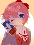  1girl ;) anzen_robo_(474zz) artist_name blazer blue_eyes blush bottle bow bowtie breasts brown_jacket brown_sweater_vest collarbone commentary doki_doki_literature_club dress_shirt drink eyelashes gradient_background hair_between_eyes hair_bow hair_strand head_tilt highres holding holding_bottle holding_drink iced_tea jacket long_sleeves looking_at_viewer medium_breasts neck_ribbon one_eye_closed open_clothes open_jacket orange_background parted_lips pink_hair portrait raised_eyebrows red_bow red_bowtie red_ribbon ribbon sayori_(doki_doki_literature_club) school_uniform shirt short_hair smile solo sweater_vest twitter_username upper_body white_shirt 