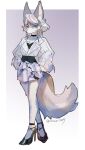  anthro bottomwear braided_hair canid canine clothed clothing digital_media_(artwork) female footwear fox fox_tail fur hair hi_res high_heels invalid_tag looking_at_viewer mammal marble_fox nonoka917 red_eyeliner red_fox skirt solo tail 