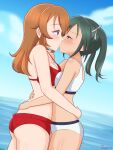  2girls absurdres ass bikini blue_eyes blush breasts brown_hair charlotte_e._yeager cleavage francesca_lucchini green_eyes green_hair hair_ribbon highres hug jagure111 kiss large_breasts long_hair looking_at_another multiple_girls ocean outdoors red_bikini ribbon signature sky small_breasts strike_witches swimsuit white_bikini world_witches_series yuri 