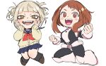  2girls :d bags_under_eyes black_bodysuit blonde_hair blue_sailor_collar blue_skirt blunt_bangs blush_stickers bodysuit boku_no_hero_academia brown_eyes brown_hair cardigan clenched_hands double_bun fangs hair_bun highres looking_at_viewer medium_hair messy_hair multicolored_bodysuit multicolored_clothes multiple_girls narrowed_eyes neckerchief nishino_(fetv8484) pink_bodysuit pleated_skirt red_neckerchief sailor_collar school_uniform serafuku skirt slit_pupils smile superhero toga_himiko uraraka_ochako yellow_cardigan yellow_eyes 