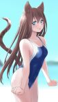  1girl animal_ears blue_eyes blue_one-piece_swimsuit brown_hair cat_ears cat_tail clenched_hands commentary_request competition_swimsuit highleg highleg_swimsuit highres long_hair looking_at_viewer macosee one-piece_swimsuit original smile solo swimsuit tail two-tone_swimsuit 