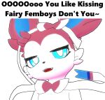  anthro bonepie eeveelution english_text generation_6_pokemon humor looking_at_viewer male meme nintendo open_mouth open_smile pokemon pokemon_(species) ribbons smile solo sylveon teasing teasing_viewer text 