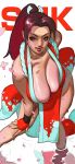  1girl absurdres breasts brown_eyes brown_hair cleavage fatal_fury fingerless_gloves gloss gloves high_ponytail highres huge_breasts japanese_clothes leaning_forward looking_at_viewer ninja pelvic_curtain ponytail red_gloves rope shiranui_mai soaking_feet solo sweat the_king_of_fighters 
