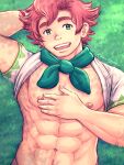  1boy abs arm_behind_head bara bare_pectorals bottomless clothes_lift freckles green_eyes highres kusakyuu looking_at_viewer lying male_focus milo_(pokemon) muscular muscular_male naked_shirt navel nipples on_back pectorals pink_hair pokemon pokemon_(game) pokemon_swsh shirt shirt_behind_neck shirt_lift short_hair short_sleeves smile solo stomach thick_eyebrows 