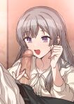  1boy 1girl blush censored collarbone dress erere fingernails grey_hair hand_on_another&#039;s_penis hetero idolmaster idolmaster_shiny_colors mosaic_censoring nail_polish penis purple_eyes smile sweatdrop white_dress yukoku_kiriko 