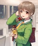  1girl blush brown_hair green_jacket hair_ornament hair_over_shoulder hair_scrunchie highres idolmaster idolmaster_cinderella_girls indoors jacket kamille_(vcx68) looking_at_viewer necktie office_lady red_eyes redrawn scrunchie senkawa_chihiro smile solo upper_body yellow_necktie 