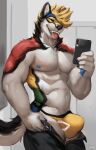  anthro bottomwear bulge canid canine canis clothed clothing eyes_closed hi_res jockstrap juiceps male mammal nipples pants solo taking_picture tongue tongue_out underwear wolf 