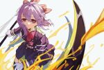  1girl absurdres bow closed_mouth gloves hair_bow highres hiiragi_shinoa holding holding_scythe jacket kurattes looking_at_viewer owari_no_seraph pink_eyes purple_hair purple_jacket purple_skirt red_bow scythe sidelocks simple_background skirt smile solo white_background white_gloves 