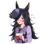  1girl animal_ears black_hair blush bow bowl bowtie commentary hair_over_one_eye hat highres holding holding_bowl horse_ears long_hair long_sleeves looking_at_viewer mjtsu_io8 open_mouth purple_eyes purple_headwear purple_shirt raised_eyebrows rice rice_bowl rice_shower_(umamusume) sailor_collar shirt simple_background solo sweat tearing_up translation_request trembling umamusume upper_body white_background 
