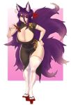  absurdres bracelet breasts chinese_clothes commission copyright_request curvy fox gintm hair_ornament hand_fan highres huge_breasts jewelry long_hair multiple_tails purple_hair red_eyes smile tail thick_thighs thighhighs thighs 