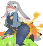  2018 anthro big_butt blush butt canid canine clothed clothing disney duo ears_down eyes_watering facesitting fart fart_cloud fart_fetish farting_on_face female fox fur green_eyes grey_body grey_fur half-closed_eyes hi_res judy_hopps lagomorph lazei leporid looking_at_viewer looking_pleasured male male/female mammal narrowed_eyes necktie nick_wilde open_mouth orange_body orange_fur pivoted_ears purple_eyes rabbit scut_tail short_tail sitting_on_another tail teeth thick_thighs wide_hips zootopia 