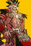  1boy :d abs animal_skull another_eidos-r axe bara bare_pectorals battle_axe bulge feet_out_of_frame gamela_(another_eidos) highres holding holding_axe jewelry large_bulge large_pectorals looking_at_viewer male_focus mask muscular muscular_male necklace nipples pectorals skull_mask smile solo standing stomacheart tooth_necklace tribal uneven_eyes weapon yellow_background 