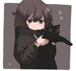  1girl absurdres animal bandaid bandaid_on_arm bandaid_on_hand black_cat black_hoodie brown_eyes brown_hair cat grey_background highres holding holding_animal holding_cat hood hoodie long_sleeves original paw_print paw_print_background scratches short_hair siroa sweatdrop 