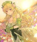  1girl aqua_flower atelier_(series) atelier_ayesha ayesha_altugle bare_shoulders black_bow blonde_hair bow breasts brown_eyes cleavage collarbone dress dutch_angle falling_petals field flower flower_field green_dress green_headwear hair_between_eyes hair_ribbon hani_(udauda) leaf long_hair looking_at_viewer medium_breasts own_hands_together parted_lips petals pink_flower puffy_short_sleeves puffy_sleeves purple_flower ribbon short_sleeves sleeve_ribbon solo wavy_hair white_ribbon yellow_flower 