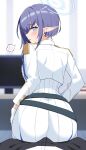  absurdres aoi_(blue_archive) ass belt blue_archive blue_hair blush cropped_jacket gloves halo high-waist_skirt highres huge_ass jacket mole mole_under_eye pointy_ears sensei_(blue_archive) short_hair sitting sitting_on_person skirt television white_gloves white_jacket za_yu_a 
