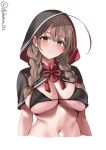  1girl ahoge bikini black_bikini black_capelet blush braid breasts brown_eyes brown_hair capelet cropped_arms cropped_torso ebifurya highres hood hood_up hooded_capelet kantai_collection large_breasts long_hair looking_at_viewer navel one-hour_drawing_challenge open_mouth shinshuu_maru_(kancolle) simple_background solo swimsuit twin_braids twitter_username underboob upper_body white_background 