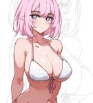  1girl bare_arms bare_shoulders bikini blush breasts cleavage closed_mouth commentary elysia_(honkai_impact) english_commentary front-tie_bikini_top front-tie_top honkai_(series) honkai_impact_3rd kili_kilio large_breasts looking_at_viewer navel pink_eyes pink_hair pointy_ears short_hair simple_background skindentation smile solo swimsuit white_background white_bikini zoom_layer 