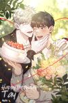  2boys birthday bouquet brown_eyes brown_hair cake closed_eyes flower food hands_on_another&#039;s_face happy_birthday highres ilay_riegrow jeong_taeui male_focus multiple_boys o_ssion one_eye_closed passion_(manhwa) rose smile strawberry_cake white_hair yaoi 