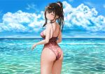  1girl ^_^ ass bare_arms bare_shoulders black_hair blue_sky breasts closed_eyes cloud cloudy_sky day facing_viewer from_behind gibun_(sozoshu) grin highres horizon light_blush medium_breasts ocean one-piece_swimsuit original outdoors pink_one-piece_swimsuit pink_scrunchie ponytail print_swimsuit scrunchie shoulder_blades sky smile solo swimsuit turning_head wet wet_hair 