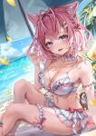  1girl absurdres akami770 animal_ears beach_umbrella bikini blush breasts choker cleavage flower_choker flower_collar frilled_bikini frilled_choker frills hair_ornament hakui_koyori hakui_koyori_(3rd_costume) heart_bikini highres hololive holox large_breasts looking_at_viewer petals pink_choker pink_hair pink_nails pink_tail pink_trim purple_eyes smile solo swimsuit two-tone_choker umbrella virtual_youtuber water white_choker wolf_ears wolf_girl 