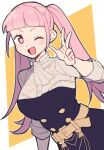  1girl ascot breasts do_m_kaeru fire_emblem fire_emblem:_three_houses garreg_mach_monastery_uniform hilda_valentine_goneril large_breasts long_hair looking_at_viewer one_eye_closed open_mouth open_smile pink_eyes pink_hair smile solo twintails upper_body w white_ascot 