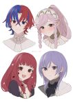  2boys 2girls :d absurdres alear_(fire_emblem) alear_(male)_(fire_emblem) blue_eyes blue_hair blush braid closed_mouth crossed_bangs fire_emblem fire_emblem:_three_houses fire_emblem_awakening fire_emblem_engage hair_between_eyes hair_ornament highres kita_282 long_hair multicolored_hair multiple_boys multiple_girls olivia_(fire_emblem) open_mouth pink_eyes pink_hair portrait purple_eyes purple_hair red_eyes red_hair short_hair smile split-color_hair star_(symbol) star_hair_ornament two-tone_hair white_background yunaka_(fire_emblem) yuri_leclerc 