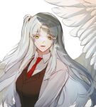  1girl angela_(project_moon) black_vest blue_hair coat collared_shirt feathered_wings lab_coat lobotomy_corporation long_hair long_sleeves looking_at_viewer munjiduck necktie one_side_up parted_lips project_moon red_necktie shirt sidelocks simple_background single_wing solo upper_body very_long_hair vest white_background white_coat white_shirt white_wings wing_collar wings 