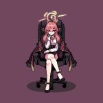 17antares 1girl aru_(blue_archive) black_footwear black_skirt blue_archive chair coat coat_on_shoulders crossed_legs demon_horns fur-trimmed_coat fur_trim gloves halo hand_up high_heels horns legs long_hair long_sleeves looking_at_viewer office_chair on_chair pencil_skirt pixel_art red_background red_coat red_hair red_ribbon ribbon shirt side_slit sitting skirt smile solo swivel_chair thighs white_gloves white_shirt yellow_eyes 