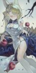  1girl alternate_costume animal_ears apple arknights blonde_hair blush braid breasts china_dress chinese_clothes cleavage cleavage_cutout clothing_cutout coin_hair_ornament commentary crown_braid dress english_commentary feet_out_of_frame food fruit grey_background hair_ornament hand_on_own_hip highres kroos_(arknights) kroos_the_keen_glint_(along_the_corridor)_(arknights) kroos_the_keen_glint_(arknights) large_breasts official_alternate_costume rabbit_ears rabbit_girl shounibyou_(shonibyodayo) side_slit simple_background solo white_dress 