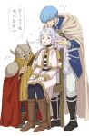  !? 1girl 2boys armor beard belt black_footwear black_pantyhose blonde_hair blue_hair boots brown_footwear capelet chair cloak closed_eyes closed_mouth confused curly_hair dwarf earrings eisen_(sousou_no_frieren) elf facial_hair fake_horns fengcheche frieren full_body glint hair_brush hair_down hairdressing hands_up height_difference helmet highres himmel_(sousou_no_frieren) holding holding_another&#039;s_hair holding_hair_brush hood hood_down hooded_cloak horned_helmet horns jewelry knee_boots long_beard long_hair long_sleeves looking_at_another looking_down messy_hair mole mole_under_eye multiple_boys pants pantyhose pauldrons pointy_ears pout red_cloak shared_thought_bubble shirt short_hair shoulder_armor sideways_glance simple_background sitting skirt skirt_set sleepy sousou_no_frieren standing striped striped_shirt sweatdrop thought_bubble translation_request white_background white_hair white_pants white_skirt 