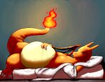  2019 bed belly big_belly charizard feral fire furniture generation_1_pokemon hand_on_stomach looking_at_viewer lying lying_on_bed narrowed_eyes nintendo on_back on_bed orange_body pokemon pokemon_(species) raised_tail raster_dreams smile solo tail 