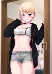  1girl black_jacket blonde_hair blurry blurry_background blush breasts cleavage collarbone commentary_request depth_of_field drawstring grey_eyes grey_shorts grin groin highres indoors jacket kotohane long_sleeves looking_at_viewer medium_breasts multicolored_hair nail_polish navel open_clothes open_jacket original pink_nails puffy_long_sleeves puffy_sleeves purple_hair short_hair short_shorts shorts sleeves_past_wrists smile solo standing two-tone_hair 