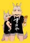  2girls animal_ears artist_name baguette black_shirt blue_eyes bread commentary_request cowboy_shot fang food grey_eyes grey_hair grey_shorts hair_between_eyes hand_on_own_hip height_difference holding holding_food horse_ears horse_tail long_hair mukakin multicolored_hair multiple_girls oguri_cap_(umamusume) open_mouth puffy_cheeks shirt short_sleeves shorts simple_background smile streaked_hair tail tamamo_cross_(umamusume) umamusume yellow_background 