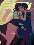  1boy 1girl armor ass ass_grab blue_hair blush breastplate cape closed_eyes commission commissioner_upload couple fire_emblem fire_emblem:_genealogy_of_the_holy_war forest french_kiss grabbing_another&#039;s_ass groping hetero highres hug kiss larcei_(fire_emblem) leg_up nature no_panties pussy pussy_juice pussy_peek seliph_(fire_emblem) short_hair skirt standing standing_on_one_leg sweat timbocactus tree 