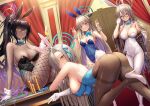  4girls absurdres akane_(blue_archive) akane_(bunny)_(blue_archive) alcohol animal_ears ass asuna_(blue_archive) asuna_(bunny)_(blue_archive) bare_shoulders bent_over black_hair black_leotard blonde_hair blue_archive blue_eyes blue_leotard blue_ribbon blush bow bowtie braid breasts brown_eyes brown_pantyhose cleavage collarbone covered_nipples cup dark-skinned_female dark_skin detached_collar double_v drinking_glass earpiece elbow_gloves fake_animal_ears fake_tail fishnet_pantyhose fishnets french_braid glasses gloves grin hair_between_eyes hair_over_one_eye hair_ribbon halo high_heels highleg highleg_leotard highres karin_(blue_archive) karin_(bunny)_(blue_archive) large_breasts leotard light_brown_hair long_hair looking_at_viewer looking_back medium_breasts multiple_girls official_alternate_costume pantyhose playboy_bunny poker_chip poker_table ponytail rabbit_ears rabbit_tail ribbon shawl sideboob sidelocks sitting smile table tail tako_seijin thighband_pantyhose thighhighs thighs toki_(blue_archive) toki_(bunny)_(blue_archive) v very_long_hair white_gloves white_leotard white_pantyhose white_thighhighs wine wine_glass wrist_cuffs yellow_eyes 