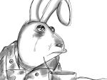  31_minutos 4:3 anthro bodily_fluids clothed clothing container cup d0ncassidy digital_media_(artwork) hi_res jacket juan_carlos_bodoque lagomorph leporid long_ears male mammal monochrome rabbit simple_background sketch solo tears topwear white_background 