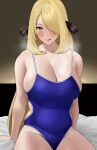  1girl alternate_costume bed_sheet blonde_hair blue_one-piece_swimsuit blush breasts breath commission covered_navel cynthia_(pokemon) grey_eyes hair_ornament hair_over_one_eye highres indoors large_breasts long_hair looking_at_viewer on_bed one-piece_swimsuit parted_lips pixiv_commission pokemon pokemon_(game) pokemon_dppt revision rinrin_(user_tvcf4347) school_swimsuit sitting skindentation smile solo sweat swimsuit thighs tongue tongue_out undersized_clothes waist_cutout 