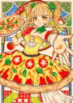  1girl akari_botan blonde_hair breasts cleavage food food-themed_clothes green_eyes green_socks highres holding holding_food looking_at_viewer medium_hair original over-kneehighs pizza pizza_print smile socks solo thighhighs tomato tomato_slice twintails 