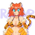  1girl animal_ears animal_print bikini blue_eyes breasts closed_mouth collarbone endless_monday:_dreams_and_deadlines hands_on_own_hips hcnone highres large_breasts looking_at_viewer navel orange_hair original pixel_art short_hair solo swimsuit tail tiger-chan_(hcnone) tiger_ears tiger_girl tiger_print tiger_tail 